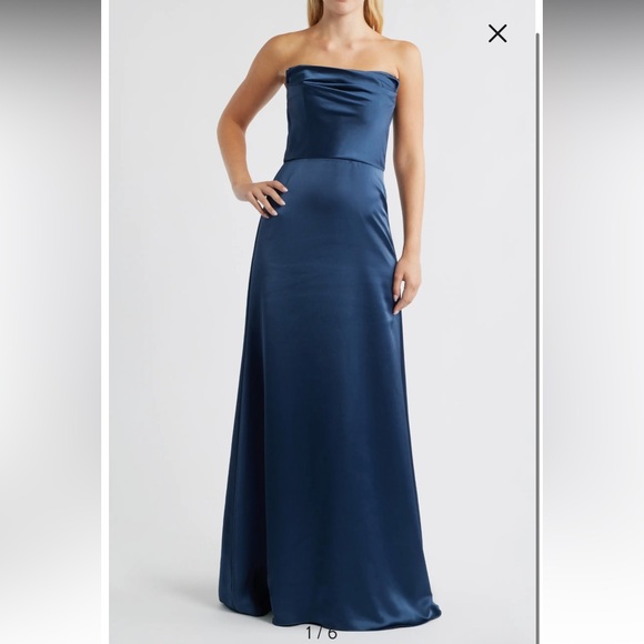 Amsale Jara strapless draped gown in french blue satin